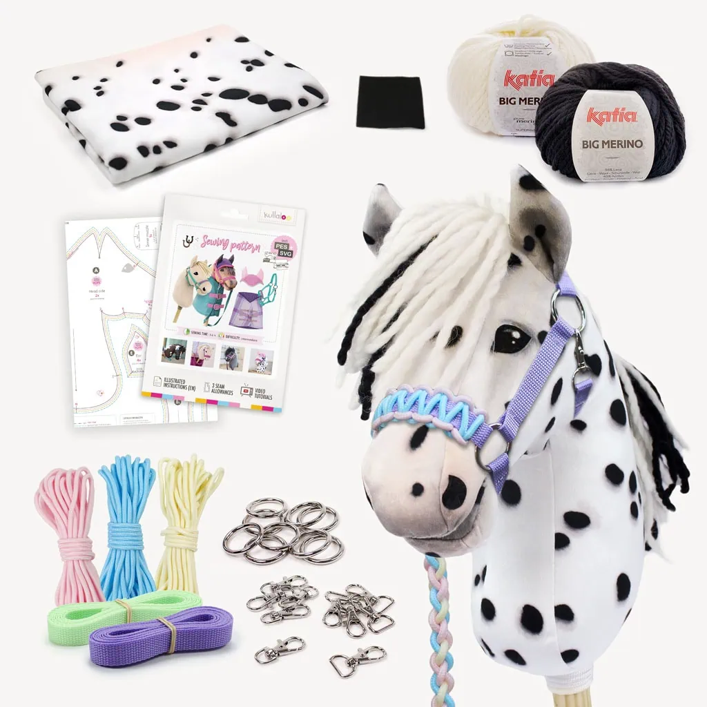 White with black spots Hobby Horse making kit: Fabric + yarn + pattern + halter DIY kit
