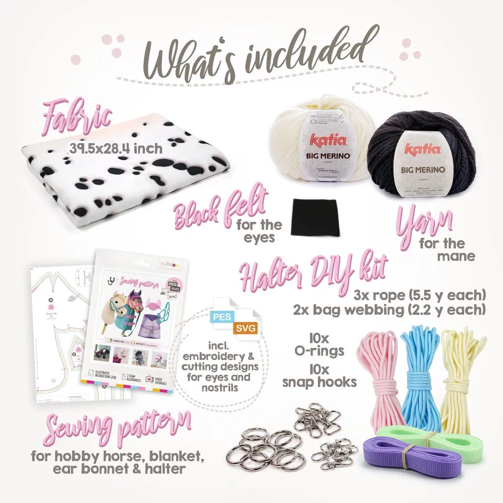 White with black spots Hobby Horse making kit: Fabric + yarn + pattern + halter DIY kit