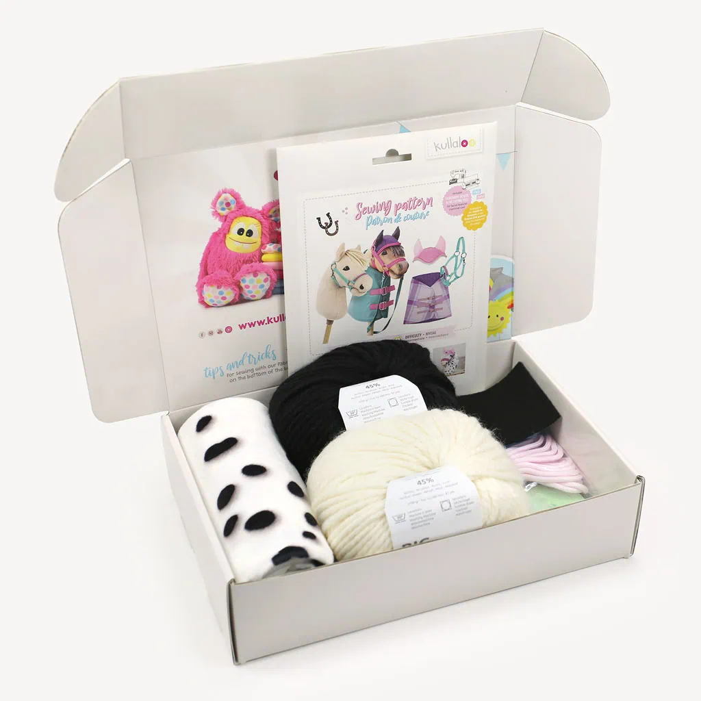 White with black spots Hobby Horse making kit: Fabric + yarn + pattern + halter DIY kit
