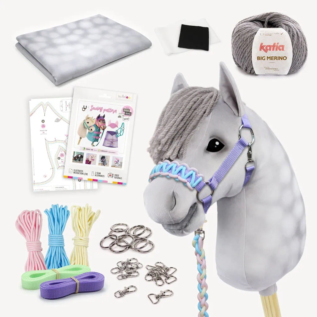 Sew a Dapple Grey Hobby Horse with our stick horse kit: Fabric + yarn + pattern + halter DIY kit