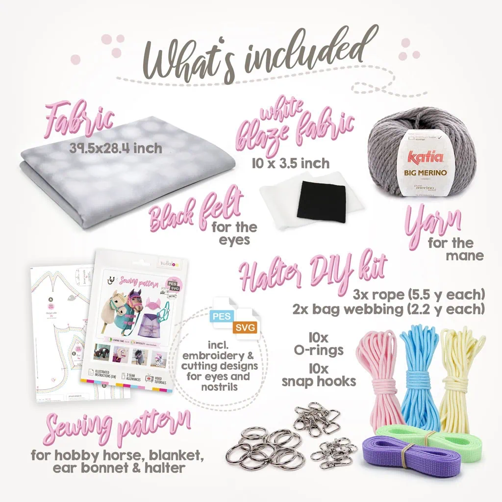 Sew a Dapple Grey Hobby Horse with our stick horse kit: Fabric + yarn + pattern + halter DIY kit