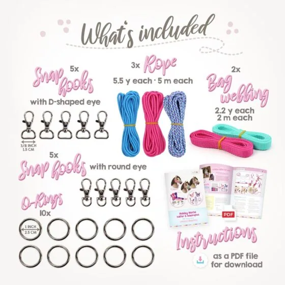 Hobby Horse halter DIY kit aqua/pink: included materials (rope, webbing, o-rings, snap hooks)