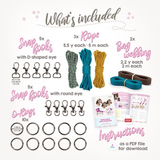 Learn how to make a hobby horse halter with our DIY kit: included materials (rope, webbing, o-rings, snap hooks)