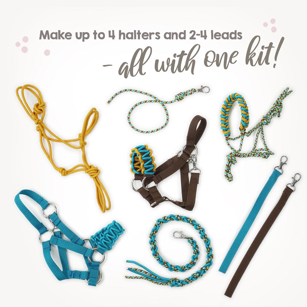Hobby Horse halter and lead rope DIY kit teal/yellow: example of what can be made with the material from the kit