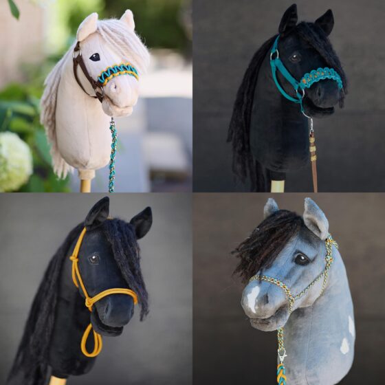 Hobby Horse halter and lead rope DIY kit teal/yellow: example of what can be made with the material from the kit