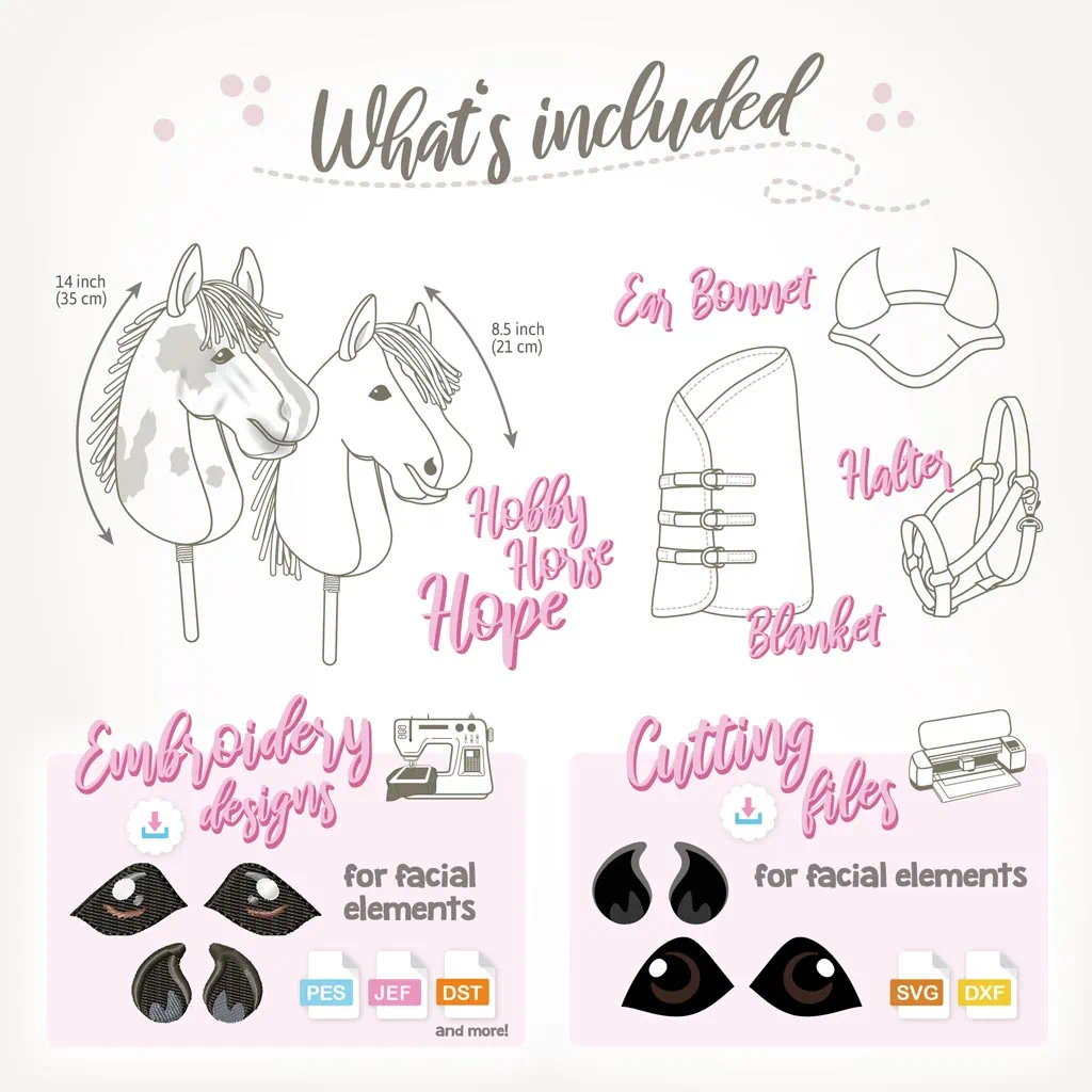 Printed hobby horse sewing pattern sheet with blanket, ear bonnet & halter, incl. embroidery & cutting files
