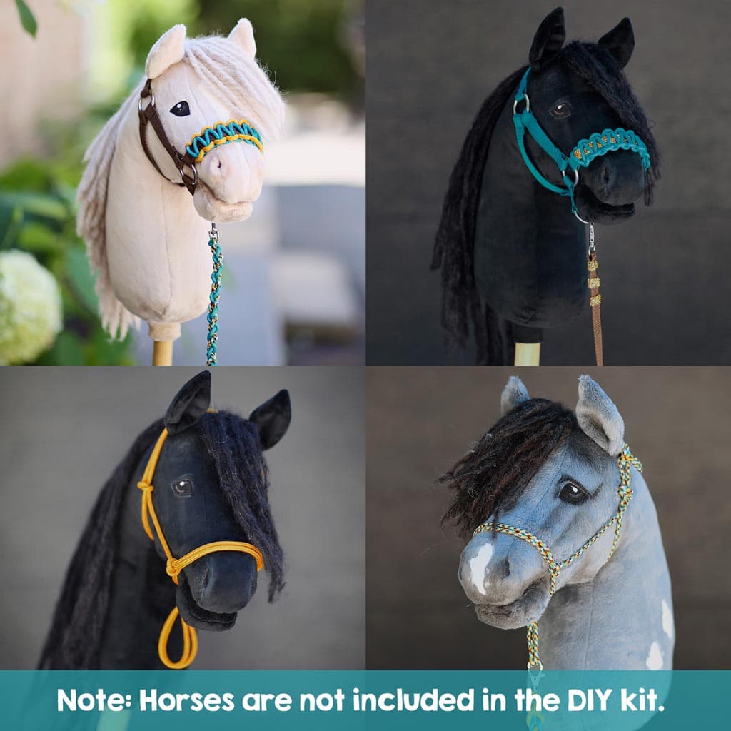 Hobby Horse halter and lead rope DIY kit teal/yellow: example of what can be made with the material from the kit