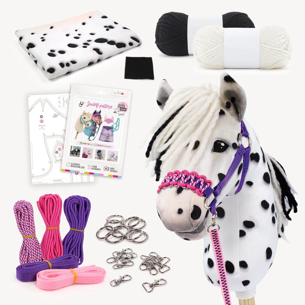 White with black spots Hobby Horse making kit: Fabric + yarn + pattern + halter DIY kit