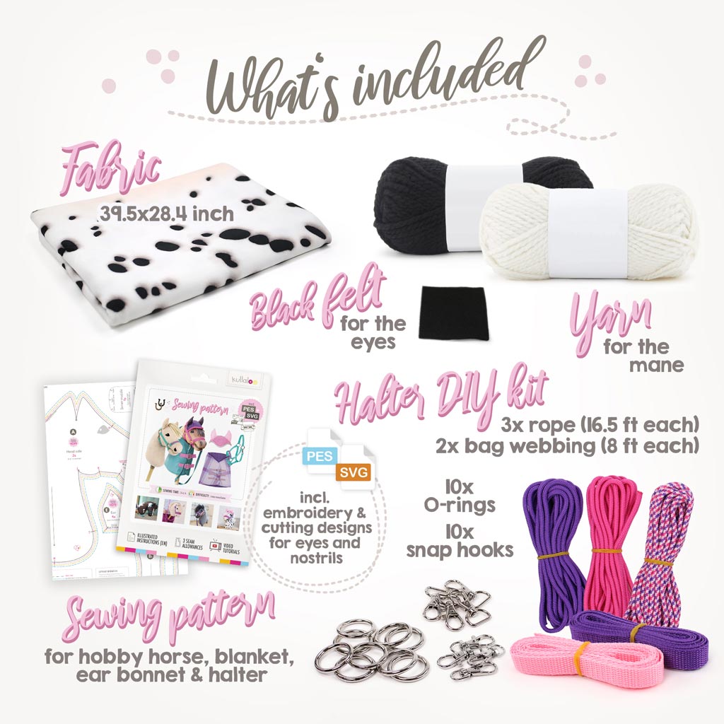 White with black spots Hobby Horse making kit: Fabric + yarn + pattern + halter DIY kit