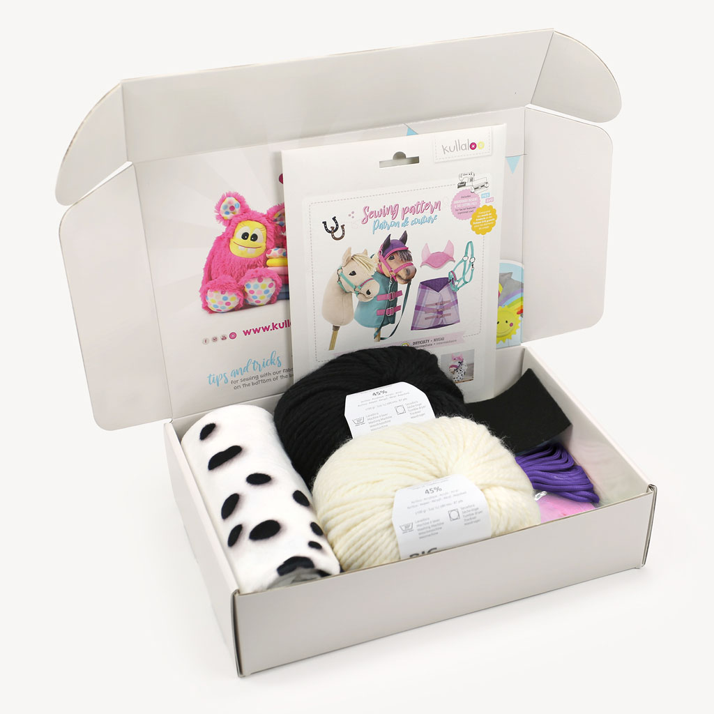 White with black spots Hobby Horse making kit: Fabric + yarn + pattern + halter DIY kit