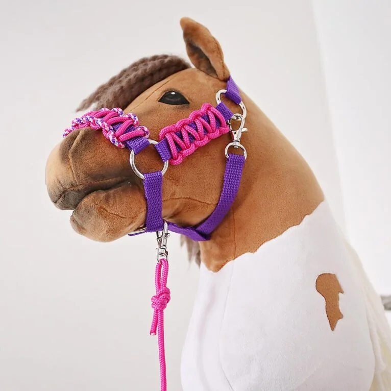 Hobby horse lead rope hooked into a hobby horse halter