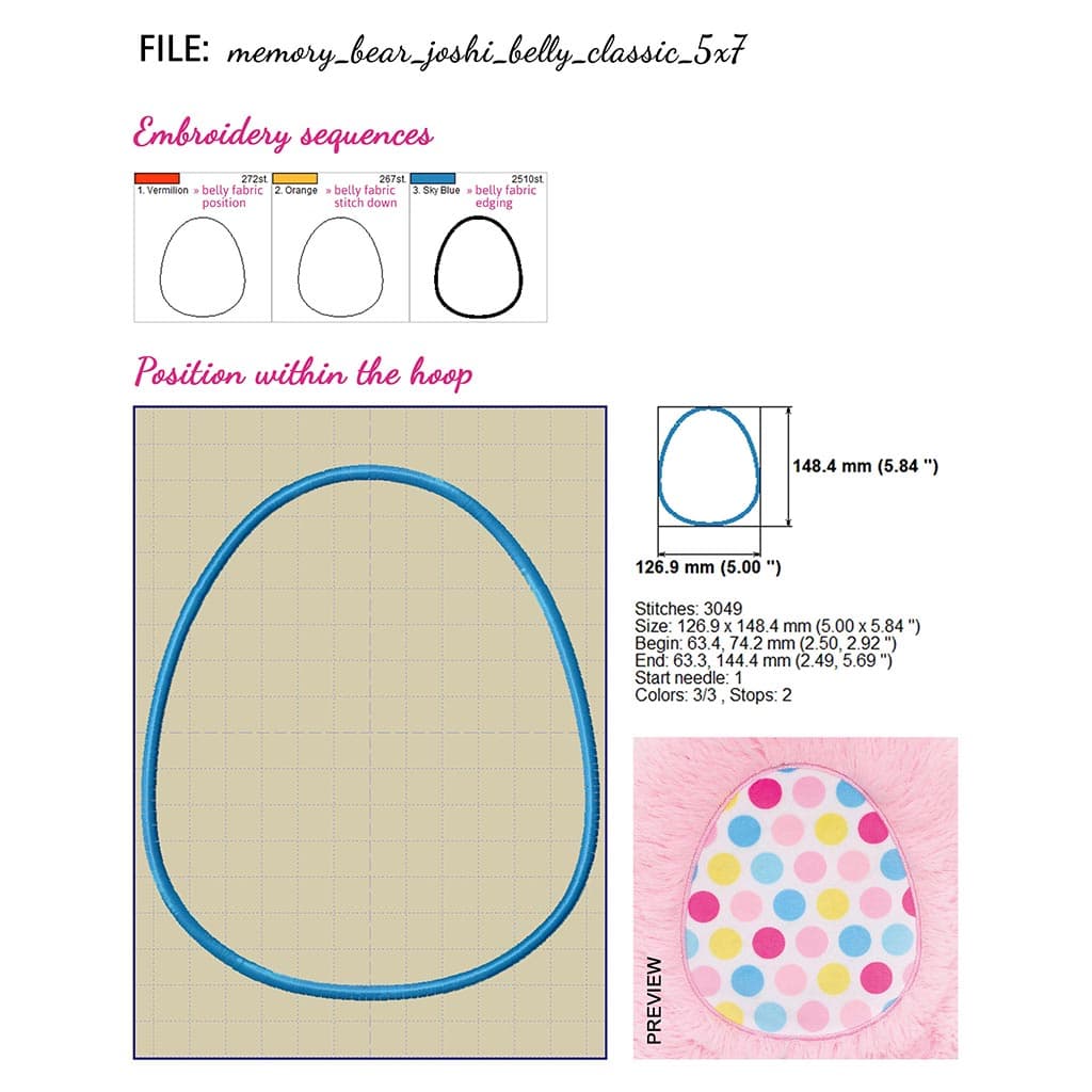 Teddy bear face embroidery design matching sewing pattern JOSHI: oval belly
