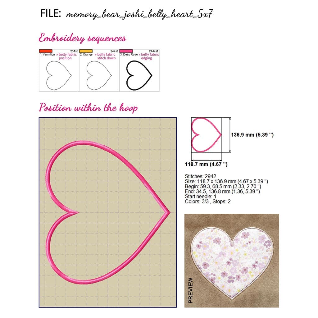 Teddy bear face embroidery design matching sewing pattern JOSHI: heart-shaped belly