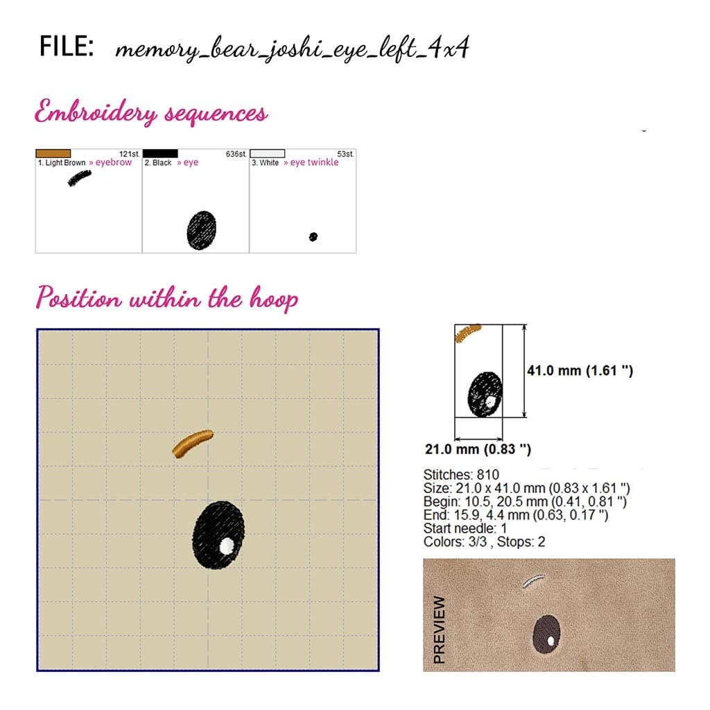 Teddy bear face embroidery design matching sewing pattern JOSHI: left eye