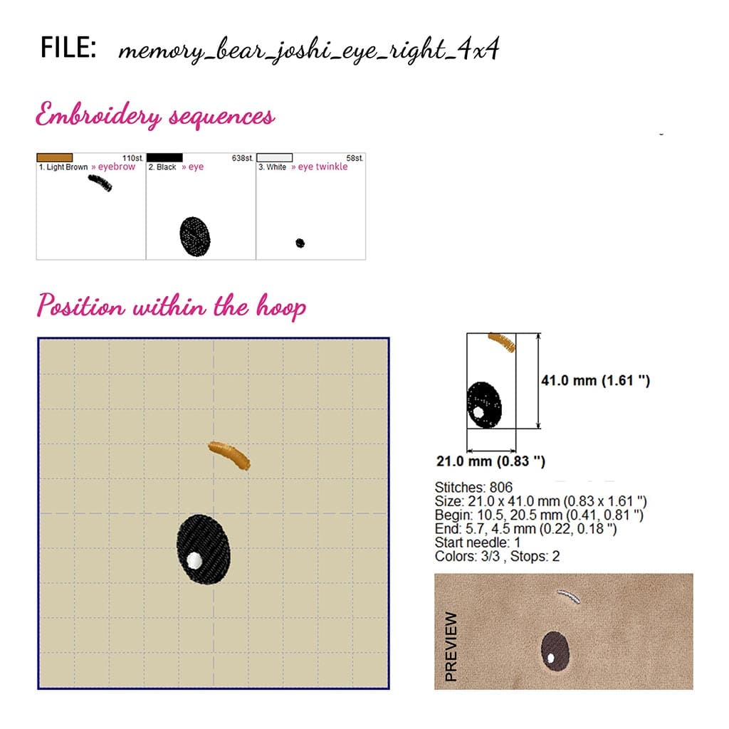 Teddy bear face embroidery design matching sewing pattern JOSHI: right eye
