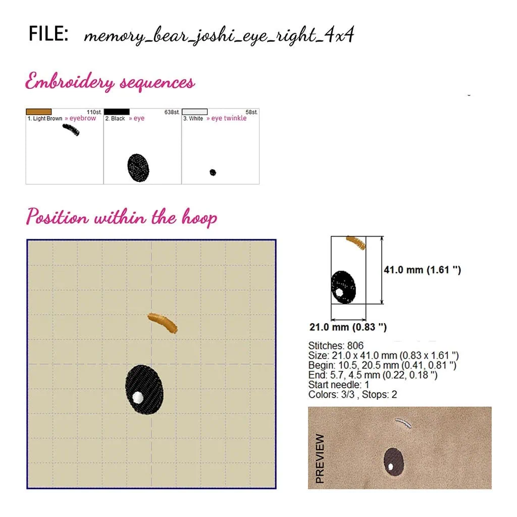 Teddy bear face embroidery design matching sewing pattern JOSHI: right eye