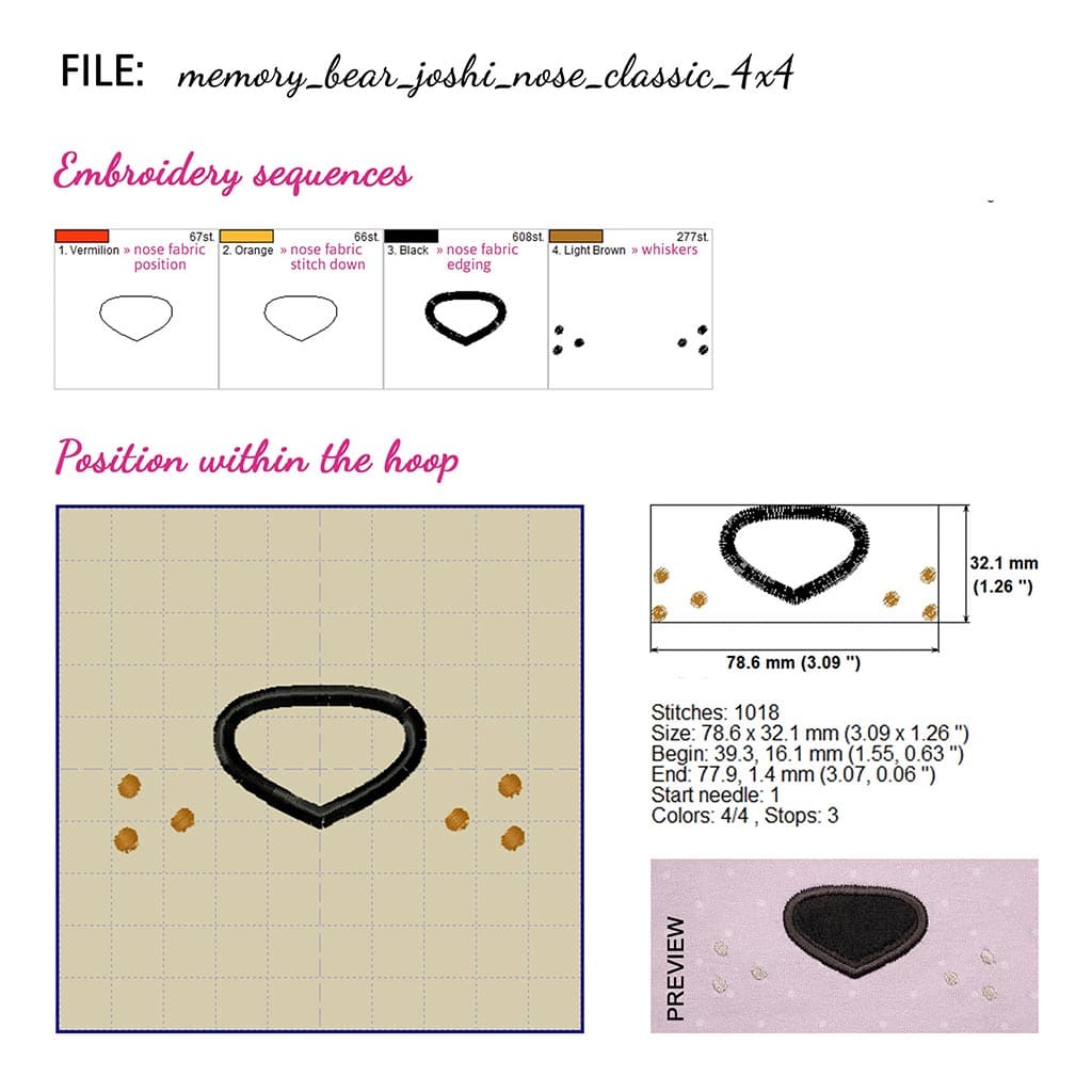 Teddy bear face embroidery design matching sewing pattern JOSHI: classic nose