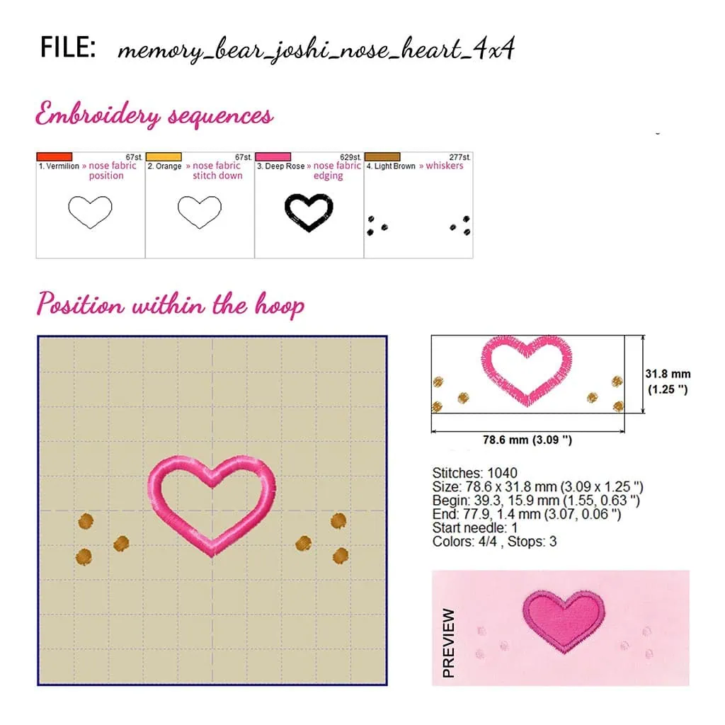 Teddy bear face embroidery design matching sewing pattern JOSHI: heart-shaped nose