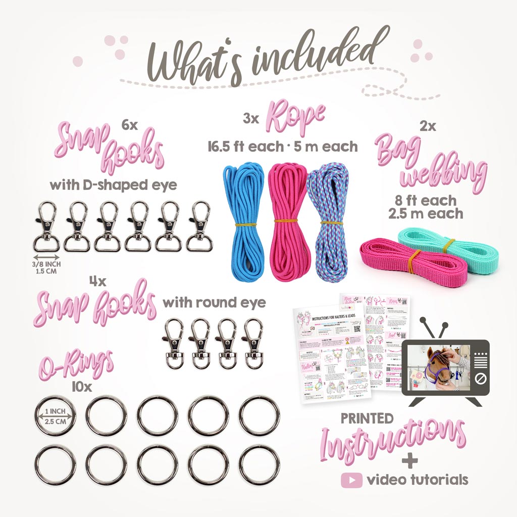Hobby Horse halter DIY kit aqua/pink: included materials (rope, webbing, o-rings, snap hooks)