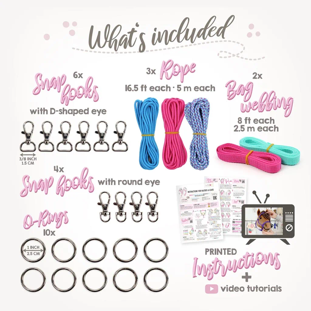 Hobby Horse halter DIY kit aqua/pink: included materials (rope, webbing, o-rings, snap hooks)