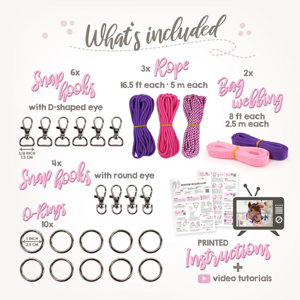 Hobby Horse halter DIY kit aqua/pink: included materials (rope, webbing, o-rings, snap hooks)