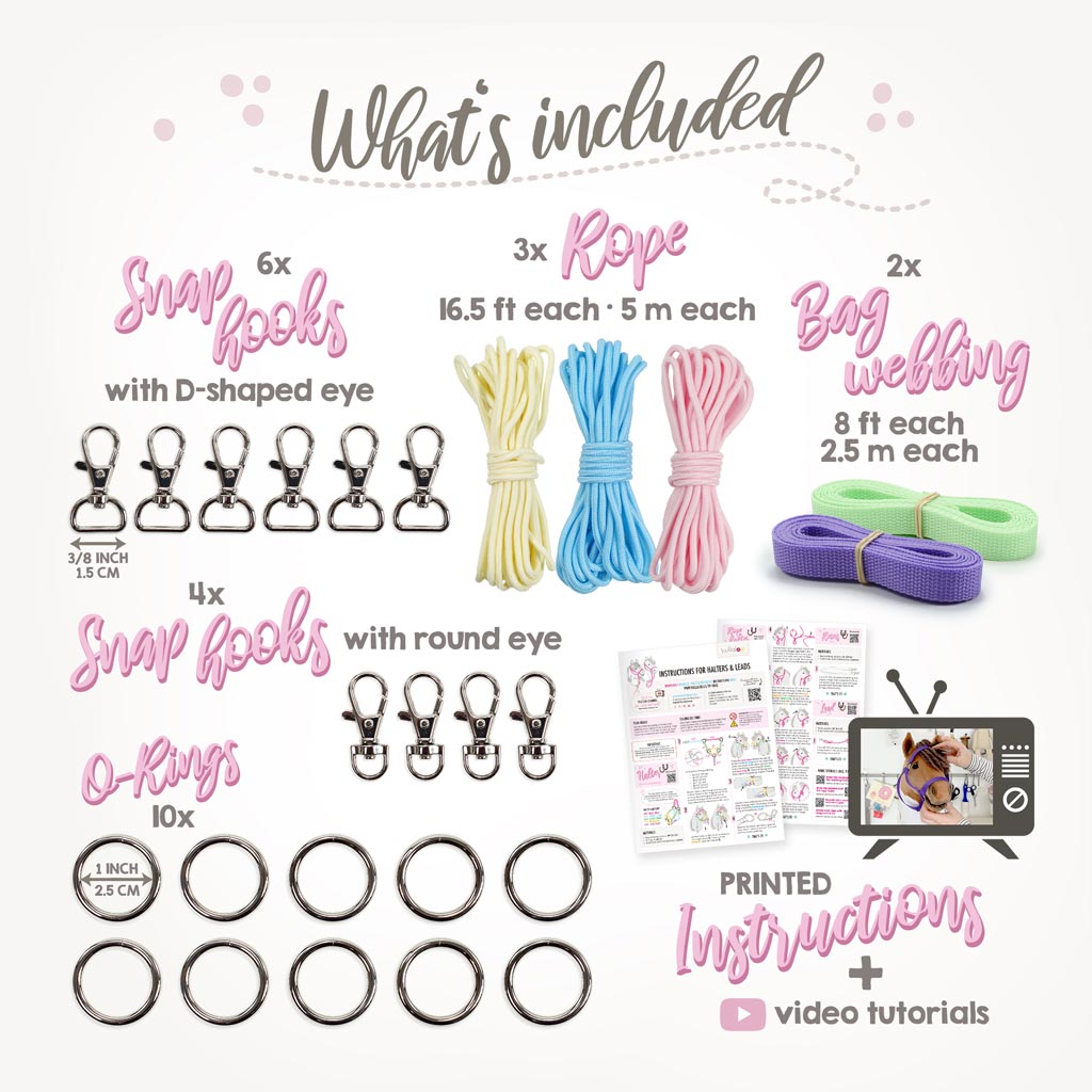 Make a Hobby Horse halter and lead DIY kit: included materials (rope, webbing, o-rings, snap hooks)