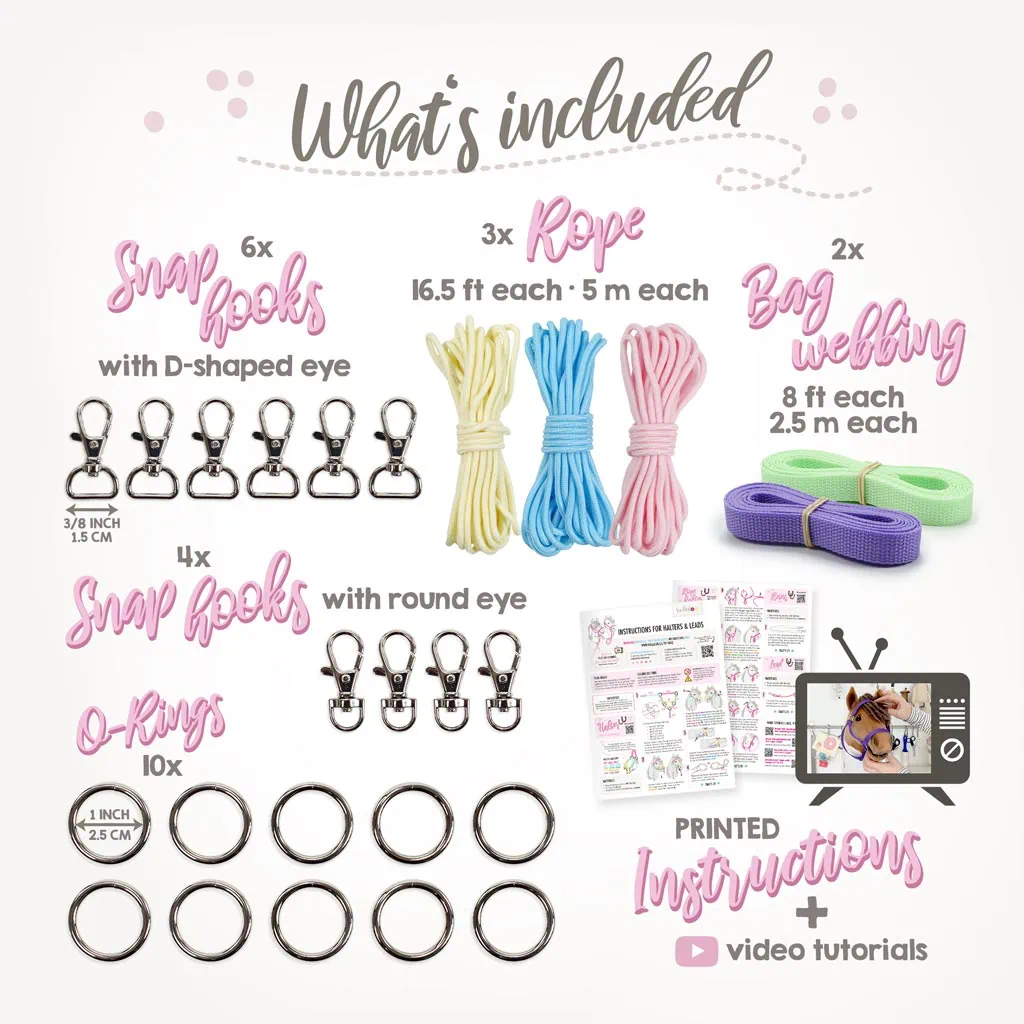Make a Hobby Horse halter and lead DIY kit: included materials (rope, webbing, o-rings, snap hooks)