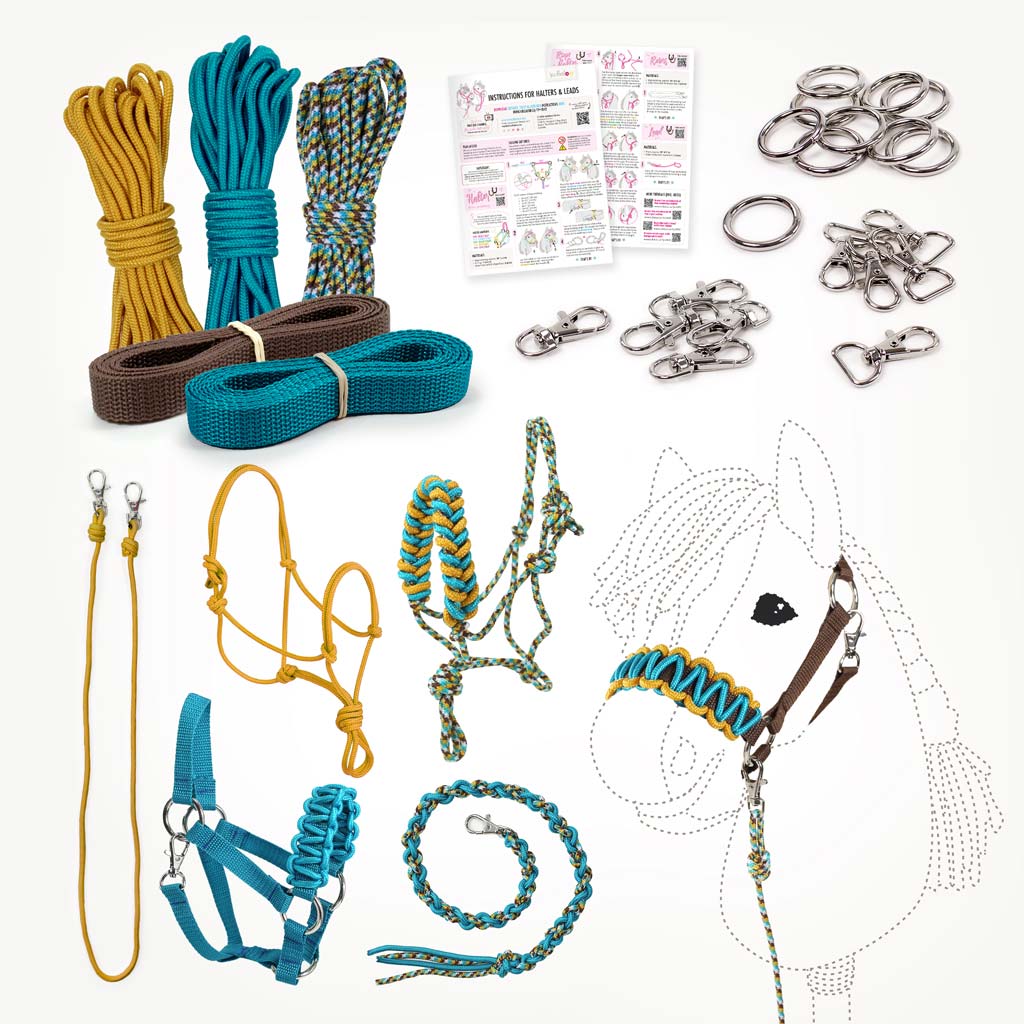DIY Hobby Horse halter and leads kit in teal/yellow. incl. instructions on how to make a hobby horse halter