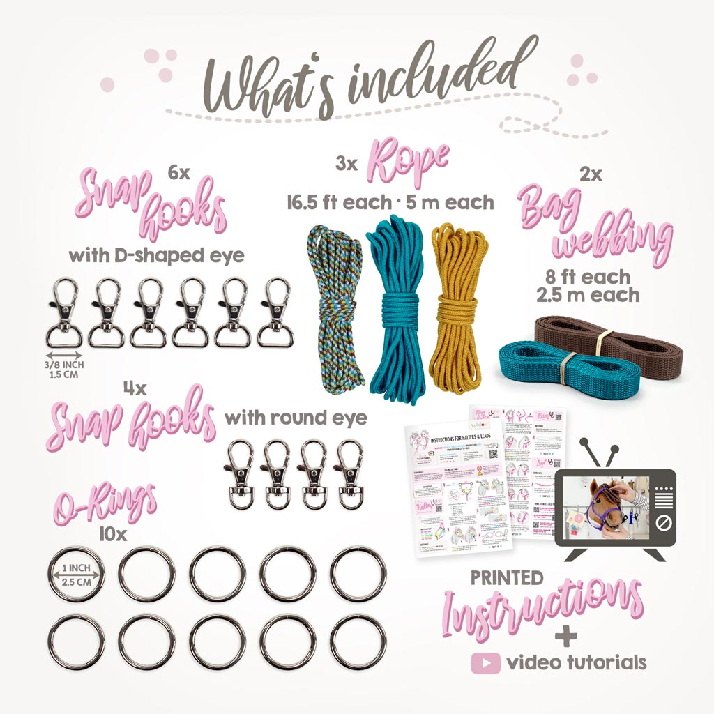 Learn how to make a hobby horse halter with our DIY kit: included materials (rope, webbing, o-rings, snap hooks)