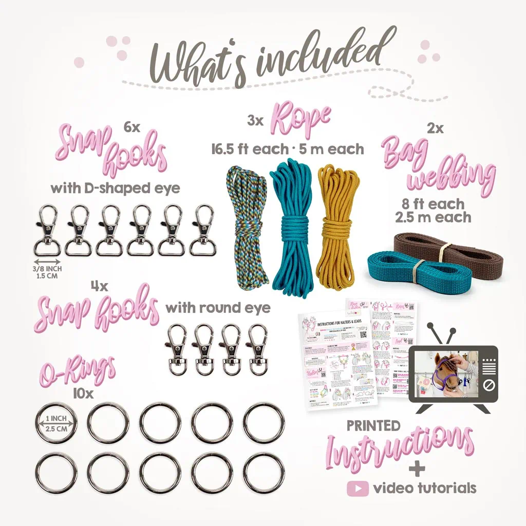 Learn how to make a hobby horse halter with our DIY kit: included materials (rope, webbing, o-rings, snap hooks)