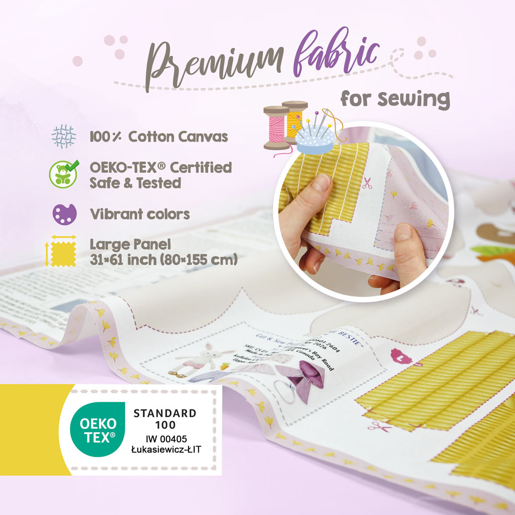 Bunny cut and sew doll panel: printed on Oekto-Tex 100 certified premium cotton