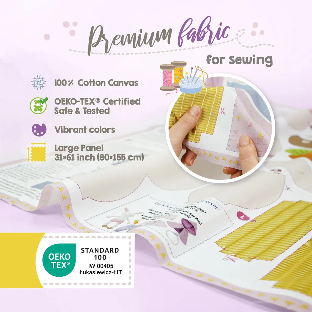 Bunny cut and sew doll panel: printed on Oekto-Tex 100 certified premium cotton