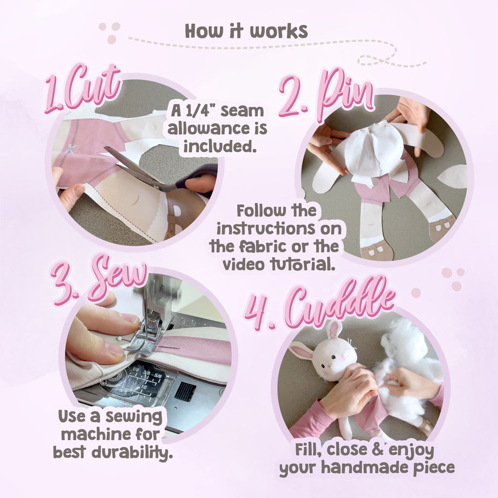 Bunny cut and sew doll panel "BIBBY BUNNY": how it works (cut, pin, sew, cuddle)
