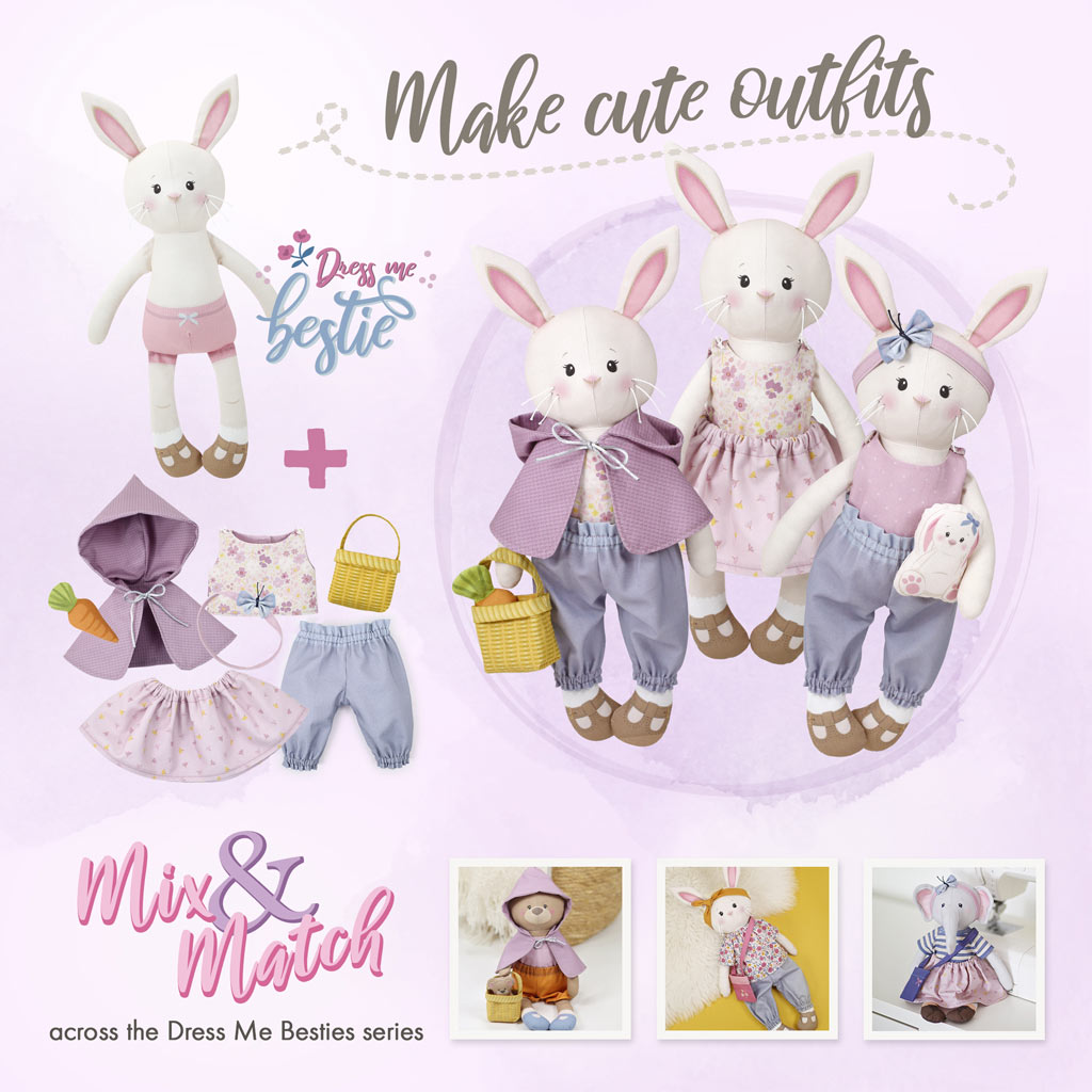 Bunny cut and sew doll panel "BIBBY BUNNY": make cute outfits and mix & match with all characters from the Dress Me Besties series