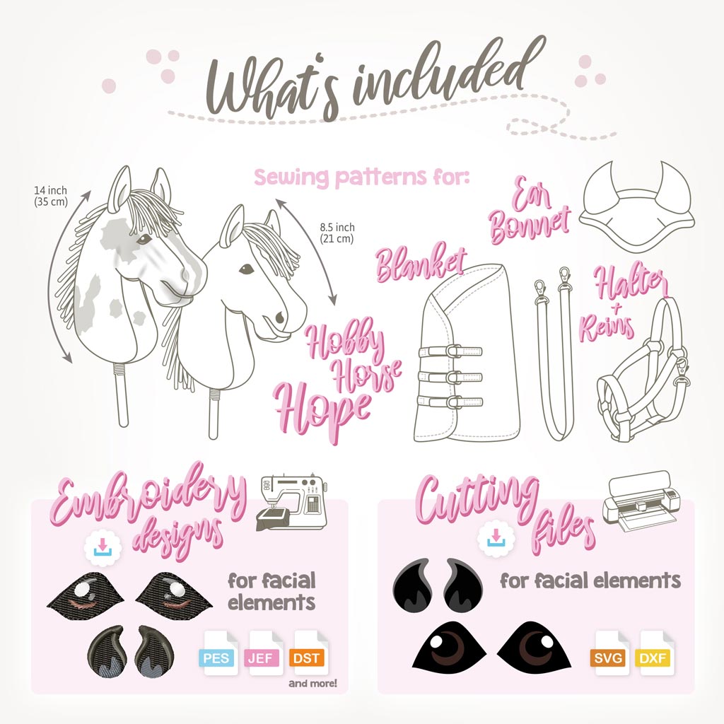 Hobby horse sewing pattern "HOPE" with accessories: included patterns and files