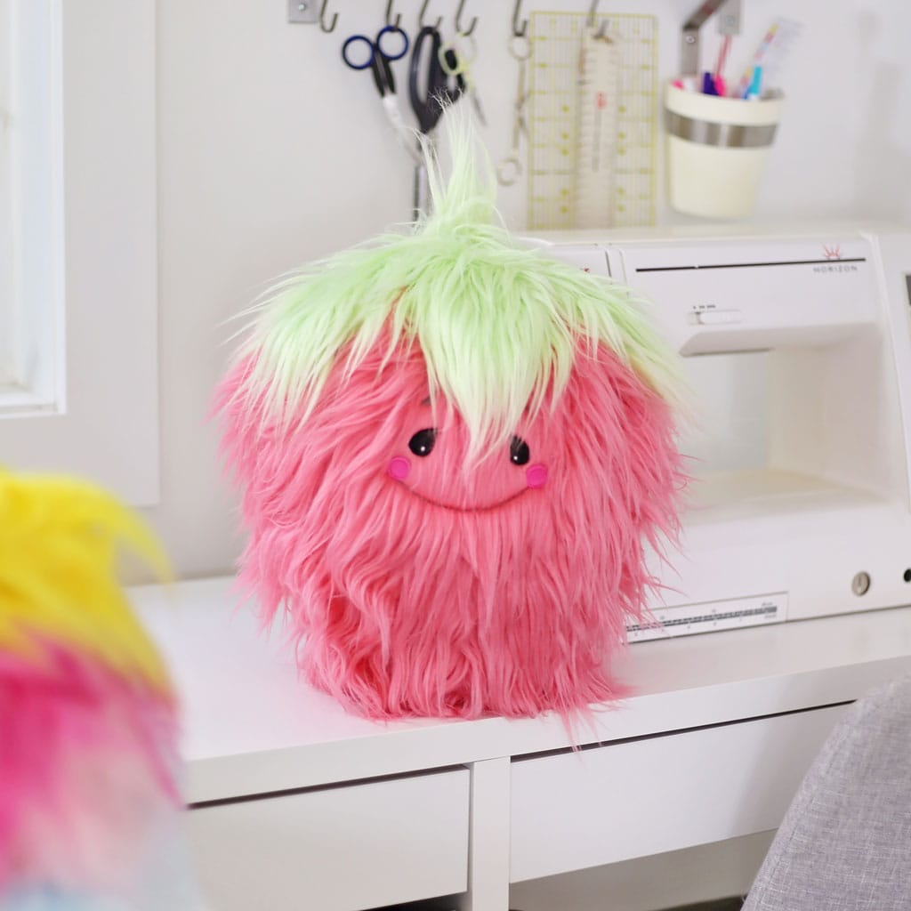 Fluffy giant strawberry sewn using our FANTASTIC Furs ✶ Fuzzy Fur in strawberry icecream and reed green