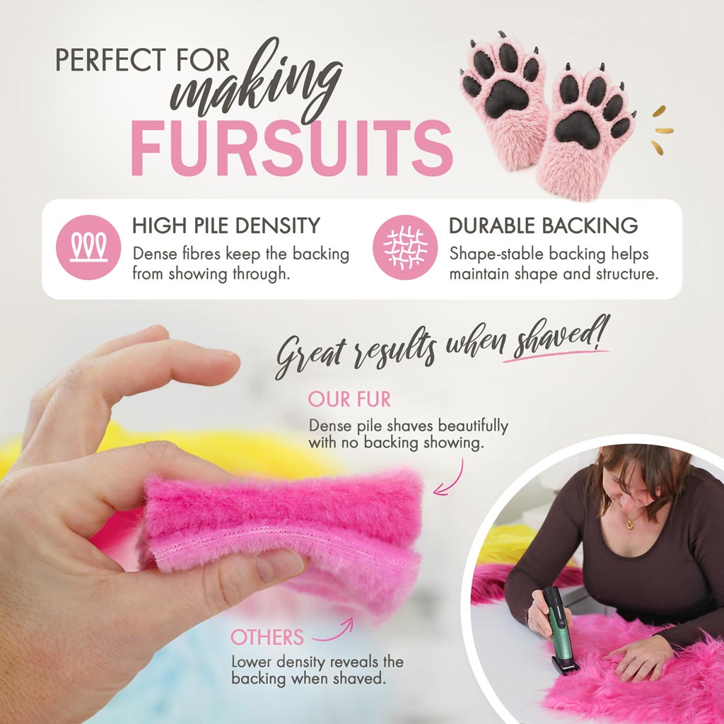 The perfect fursuit making fabric: Shaves well with no backing showing thanks to its high pile density, plus a durable, shape-stable backing