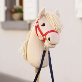 Hobby Horse head collar in red with navy blue reins made with our DIY kit