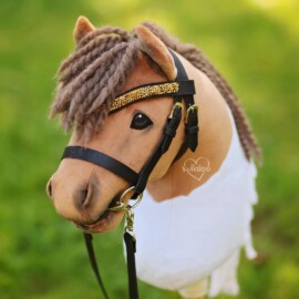 Stick Horse tack craft kit for making a black hobby horse bridle with gold snaffle bit